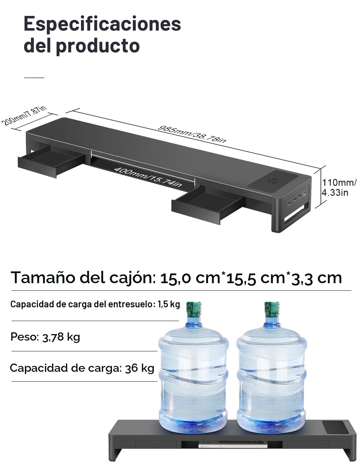 MEATANTY Soporte para 2 Monitores con Carga Inalámbrica y USB | Estructura metálica con 2 cajones, carga inalámbrica y hub USB de 4 puertos.