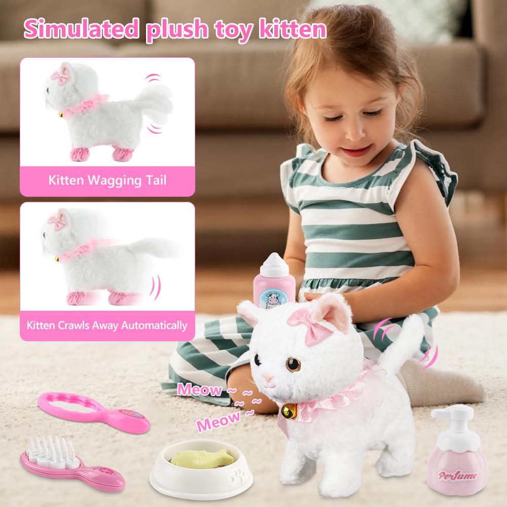 Lotvic Jouet Électronique en Peluche, Animal Chat Électronique, Chat Interactif Qui Marche et Miaule avec Laisse Télécommandée, Chats en Peluche Électroniqu, Cadeaux de Jouets pour Enfant de 3-6 Ans