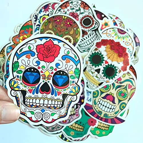 Sugar Skull Stickers 50Pcs Laptop Cool Skull Decals For Laptop,Cars,Motorcycle,Bicycle,Luggage,Graffiti,Skateboard Stickers Hippie Decals Waterproof For Kids Adult Halloween Wall Decor Stickers #TOP4