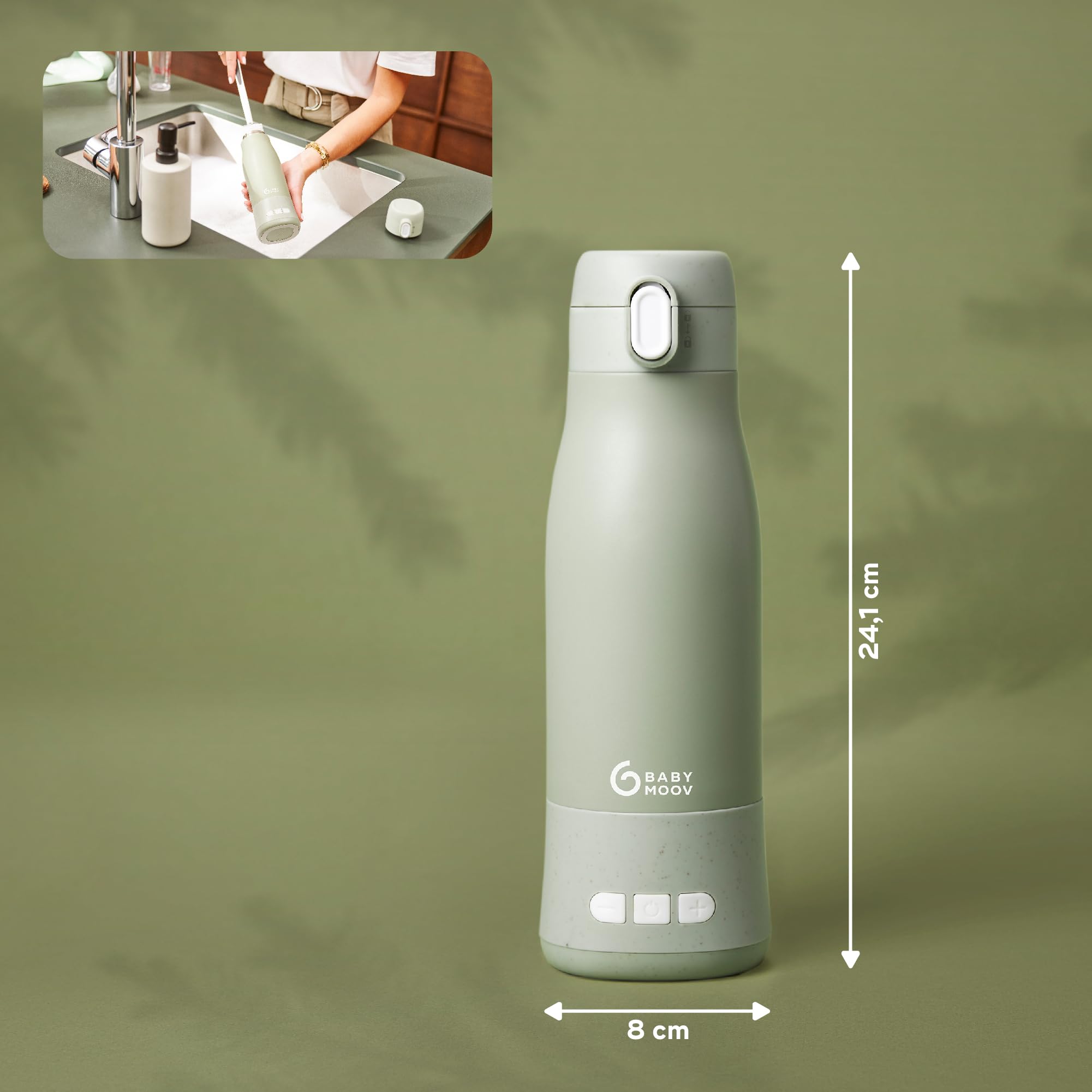 Babymoov Scaldabiberon da Viaggio Senza Filo Moov & Feed, Capacità 340 ml, Acqua o Latte Materno, Temperatura Regolabile, Mantenimento al Caldo (fino a 7 Ore), Ricarica USB, Sage Green