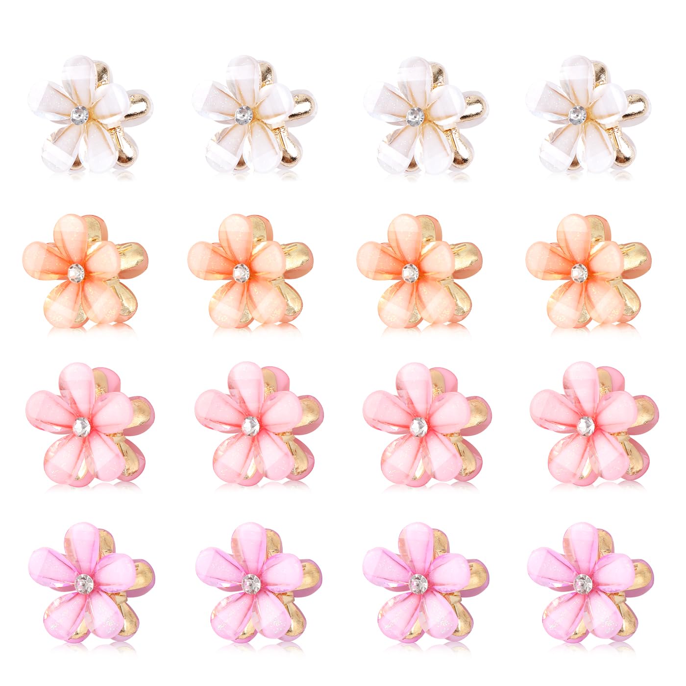 CWJCYTNSN Small Crystal Flower Hair Claw Clips, 0.8" Mini Metal Bangs Pins for Thick Curly Hair - 16PCS Hair Accessories for Women & Girls