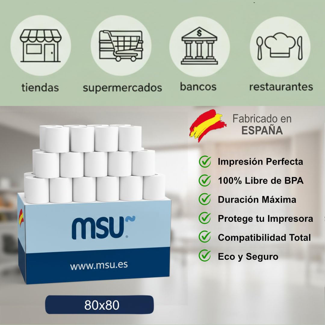 MSU | Rollo de papel térmico 80x80 mm, paquete 80 unidades | Libre de BPA, impresión duradera y limpia | Para TPV y cajas registradoras