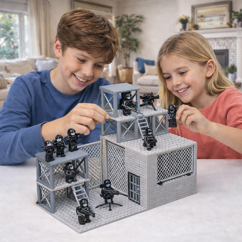 Military Scene Building Set - WW2 Military Prison,Military Watchtower, Includes Closed Cage, Halloween Jail, T-Rex Scene, 8 Ghost Police Figures