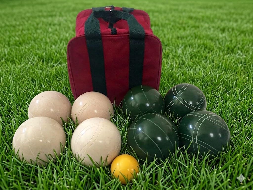 BuyBocceBalls Listing - Made in USA, Premium Quality Tournament Bocce Set - 110mm Dark Green and White Balls, Nylon Bag, 998 Grams (2 lbs. 3.2 oz.). Various Bag Colors