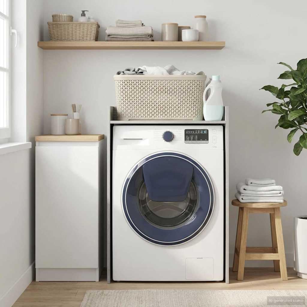 Mobile per lavatrice in legno Sonoma grigio, 67,5 x 48 x 97 cm, con vano portaoggetti, scomparti, porta e ripiano per bagno, lavanderia e ordine in piccoli spazi