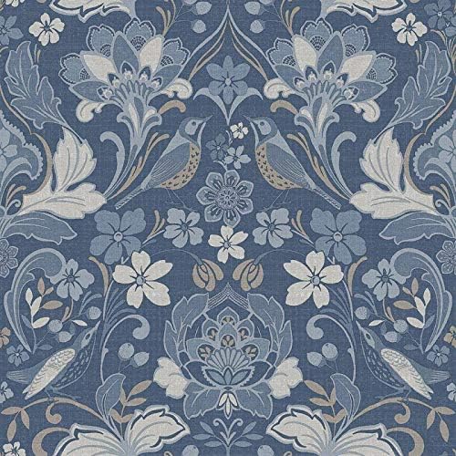 Folk Floral Denim Blue Wallpaper Flower Botanical Animal Print Bird arthouse