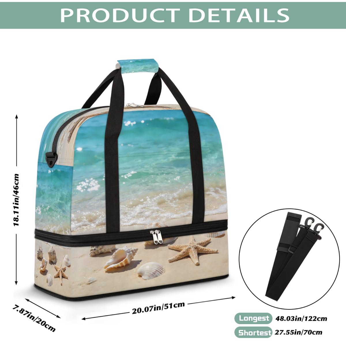 Bolsa de viaje plegable de verano con diseño de estrellas de mar y conchas marinas, bolsa de gimnasio expandible con compartimento para zapatos, bolsa de fin de semana de gran capacidad para viajes