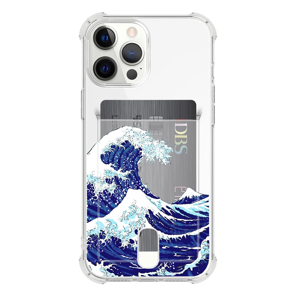 Clear Case with Card Holder Compatible iPhone 12 Pro /12 6.1" Case Japanese Wave Unique Design Slim Soft TPU Bumper Protective Case for iPhone 12/12 Pro 6.1"(2020)