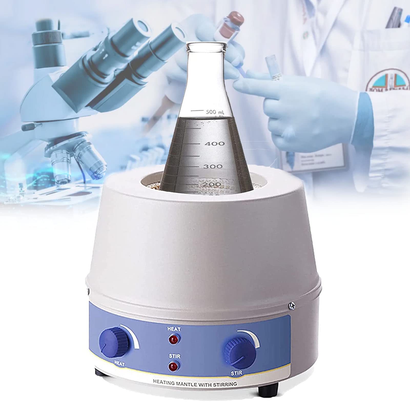 Manto Calefactor con agitador magnético de Laboratorio, Mezclador agitador magnético de 100/500/1000/2000 ml para Calentar y agitar, Potencia de Calentamiento de 100-2400 W, Temperatura Ambi