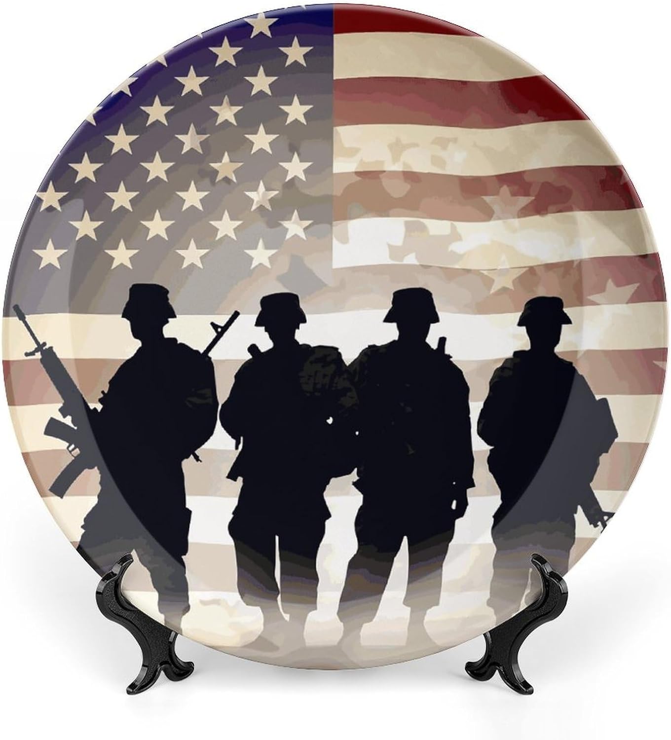 Armed Forces Day American Bone China Decorative Plate with Display Stand, Ceramic Ornaments Plate for Wall Hanging, Personalized Porcelain Plates for Office, Living Room 8inch