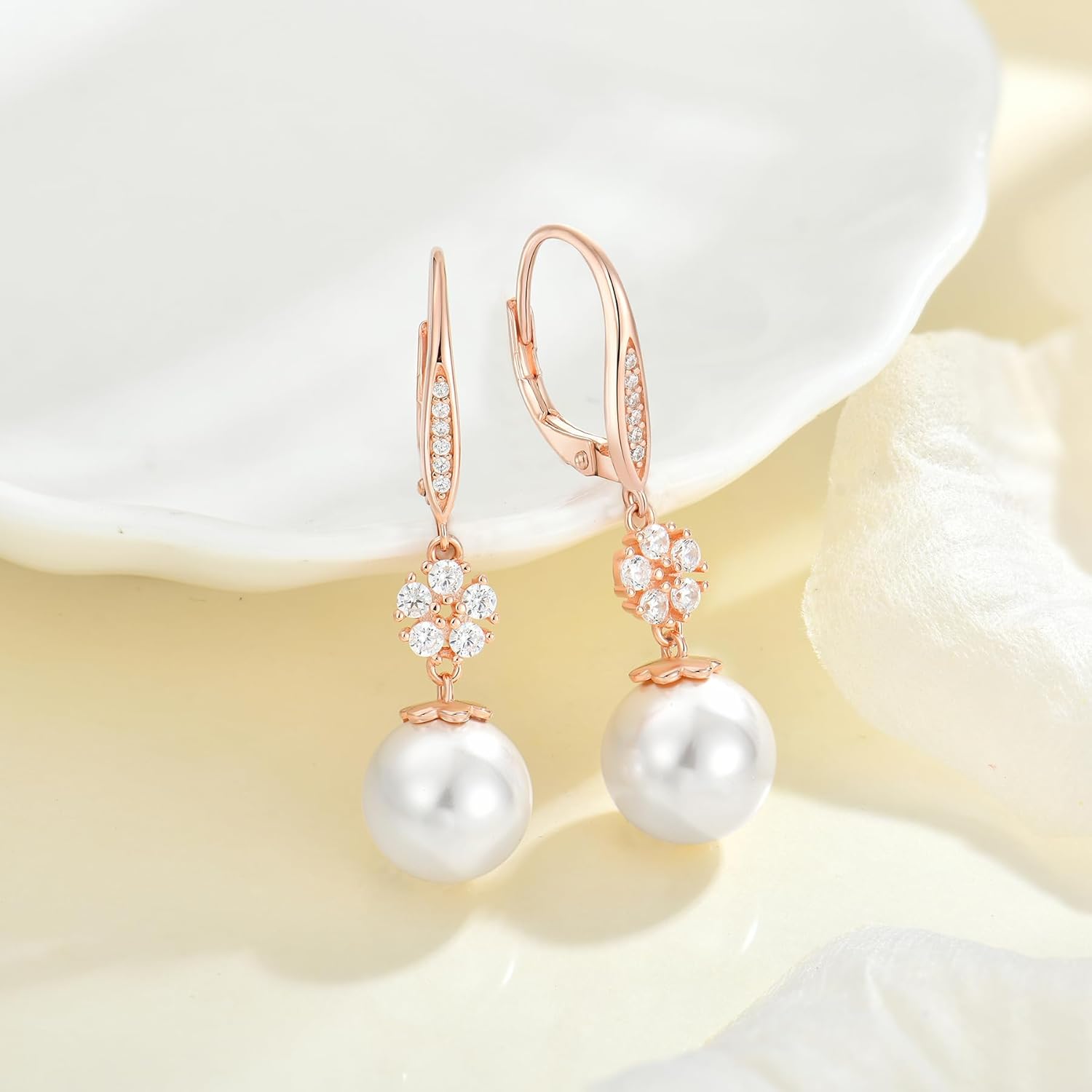 Women 925 Sterling Silver Pearl Teardrop Leverback/Stud Dangle Drop Earrings with 5A Cubic Zirconia for Her Mom Mother Wife Grandma Jewelry - Image 4