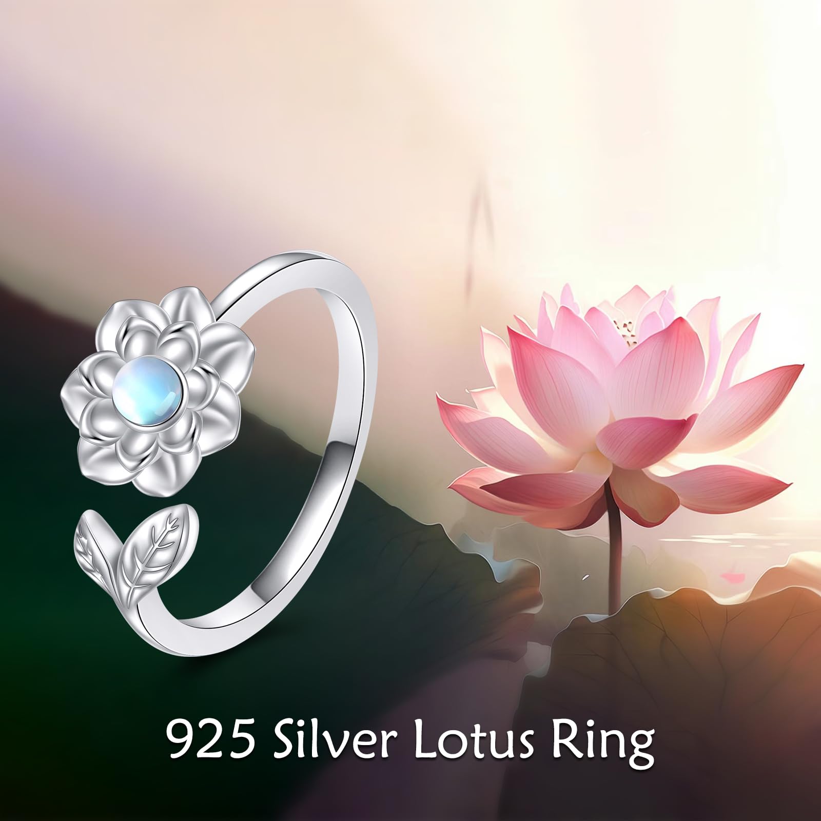 YFN Bague lotus en argent sterling 925 avec pierre de lune et lotus - Cadeau pour femme et fille, Argent sterling, Pierre de lune