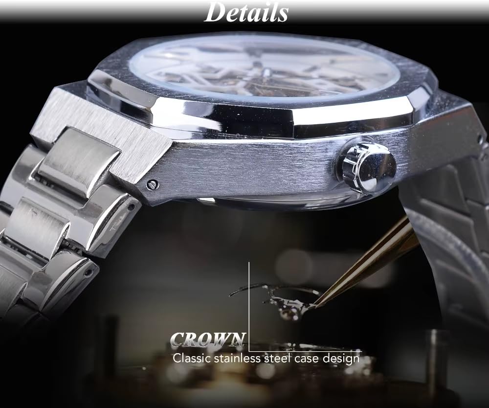 Mechanische Skelett-Uhr für Herren, automatisches Selbstaufziehendes offenes Herz-Design, Edelstahlband, Premium-Skelett-Uhr für lässige und formelle Kleidung