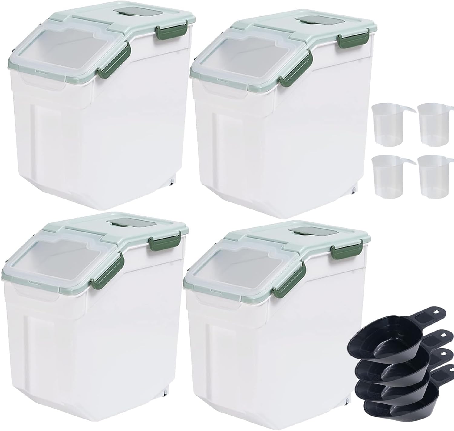 Saim Flour Storage Containers 25 lbs, 4Pack Airtight Rice Storage Containers with Wheels, Plastic Rice Dispenser with Measuring Cup, Scoop for Flour, Rice, Grain, Cereal, Pet Food Organizer (Green)