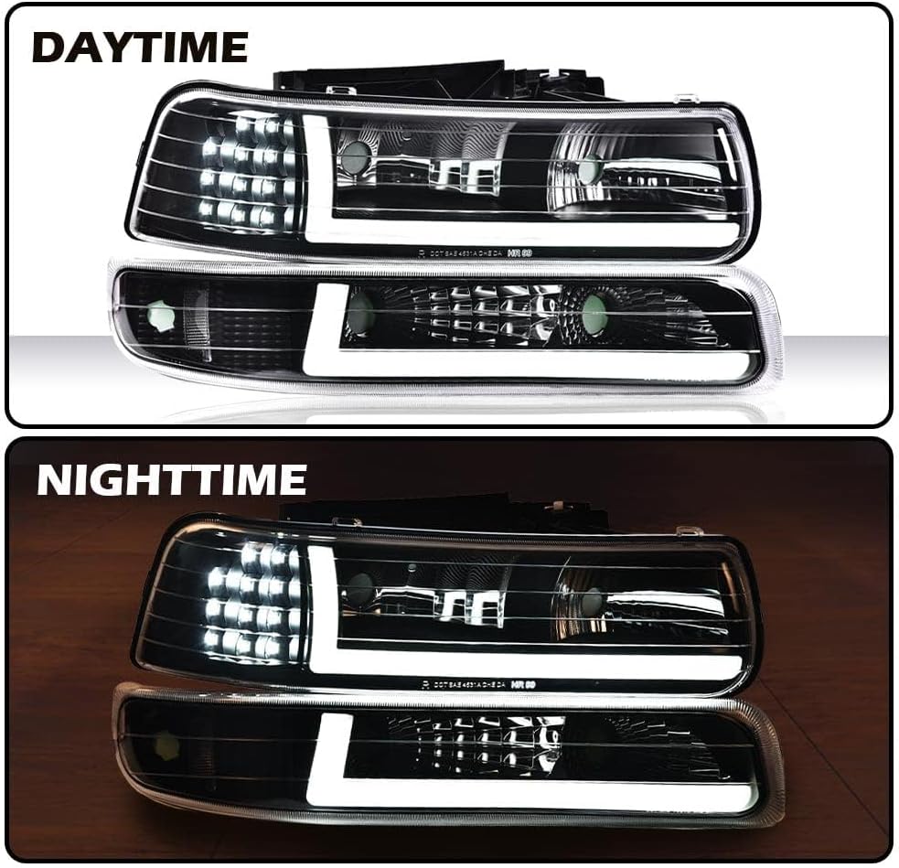 PIT66 LED Headlight Assembly Compatible with 1999-2002 Chevy Silverado / 2000-2006 Tahoe Suburban Clear Lens Black Housing Clear Reflector Headlamps Front Lights