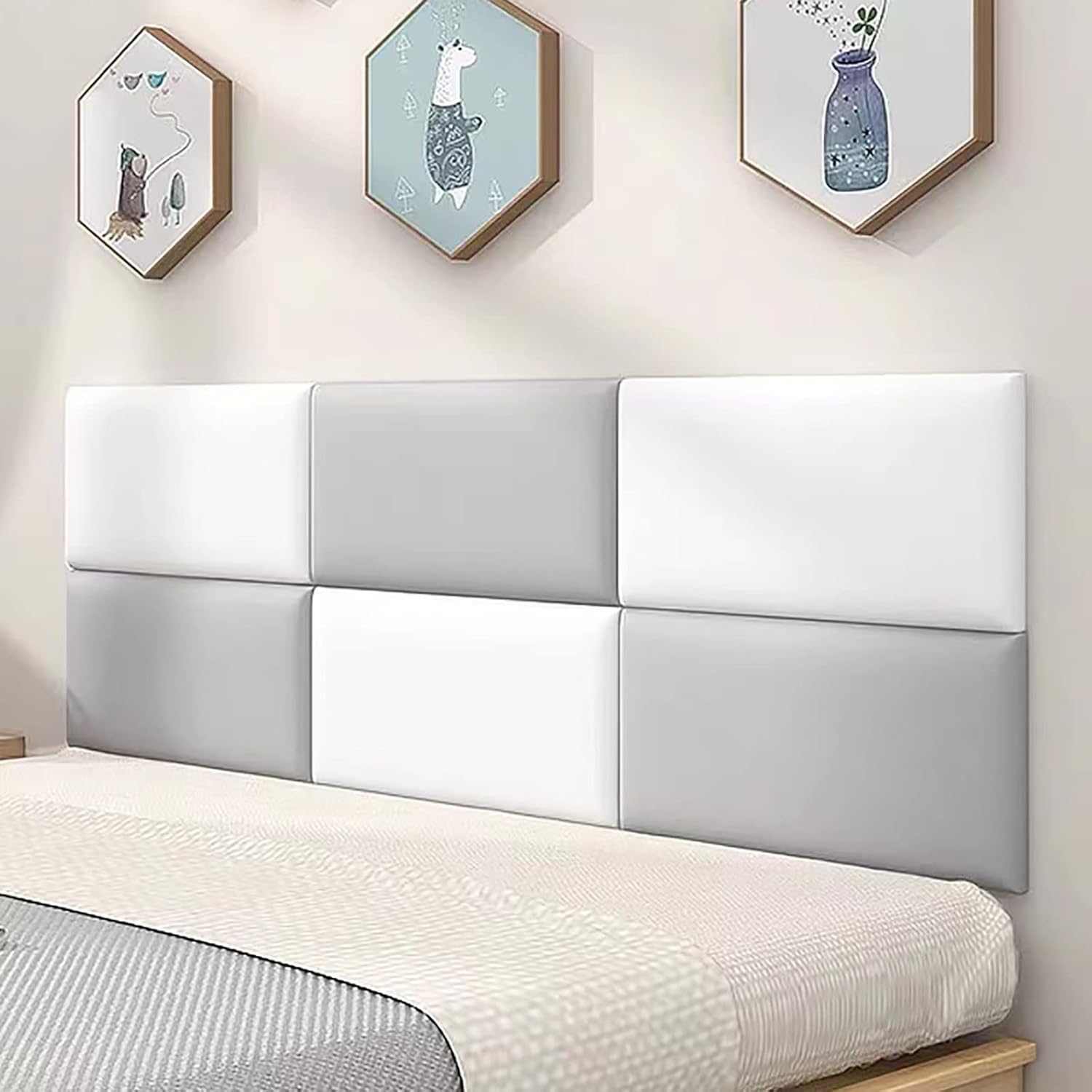 3D Anti-Collision Wall Padding, Peel & Stick Upholstered Panels, Queen Headboard, Playroom Decorative Protection, Pack of 2 Panels - 23.6' X 11.8' (Light Grey)