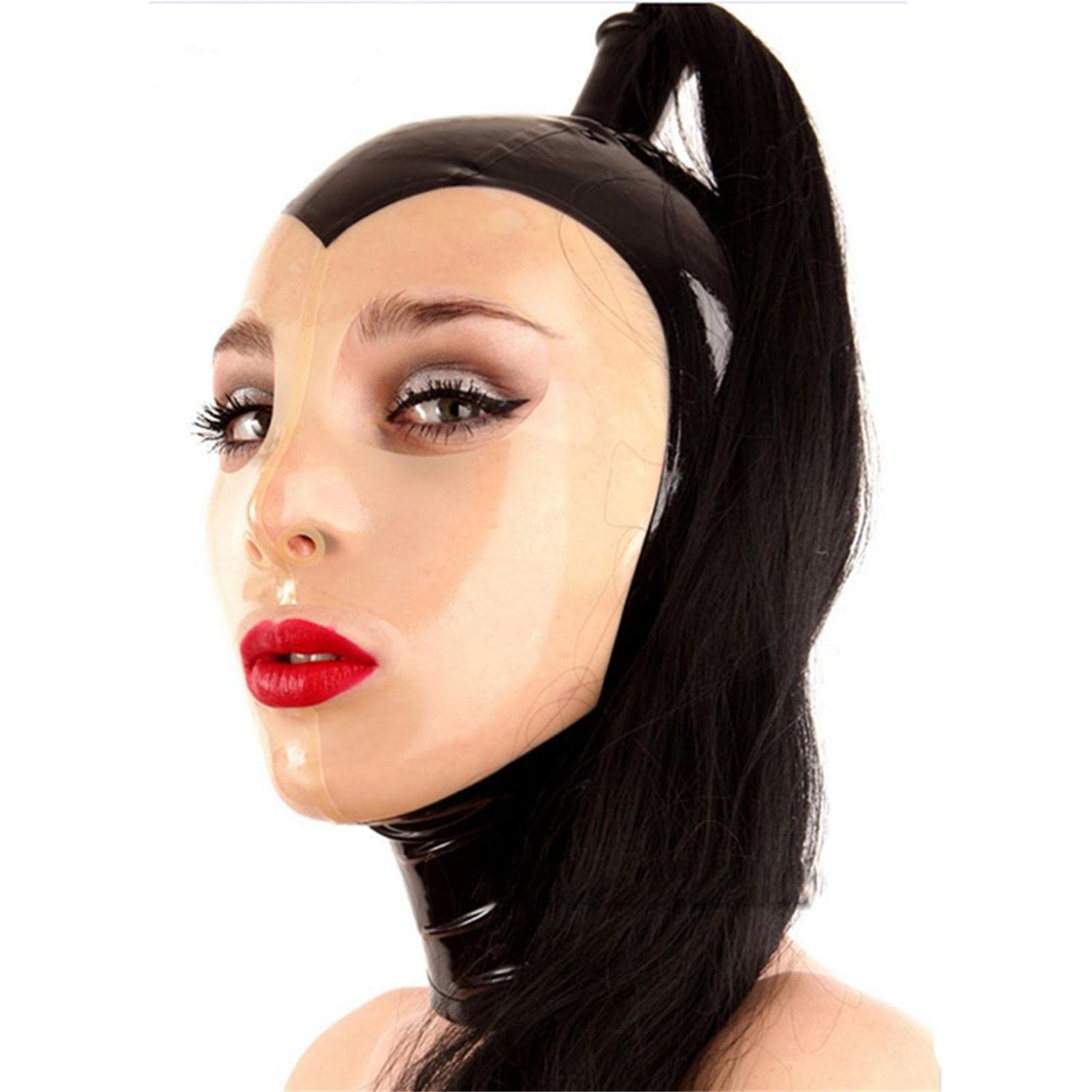 Latex Tête Couverture avec perruque queue de cheval, caoutchouc TêteMasque Cagoule en latex Yeux exposés Bouche exposée pour le jeu de rôle Party Vêtements de club