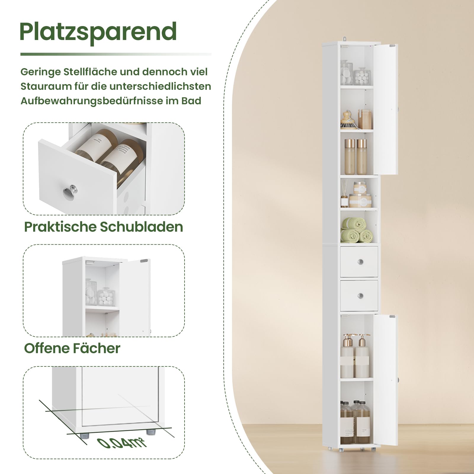 EUGAD Badezimmerschrank, Badschrank schmal hoch, schlanker Badschrank, 20 x 20 x 180 cm, Aufbewahrungsschrank mit verstellbaren Ablagen, offene Fächer, für kleine Räume, modern, Weiß 0257WY