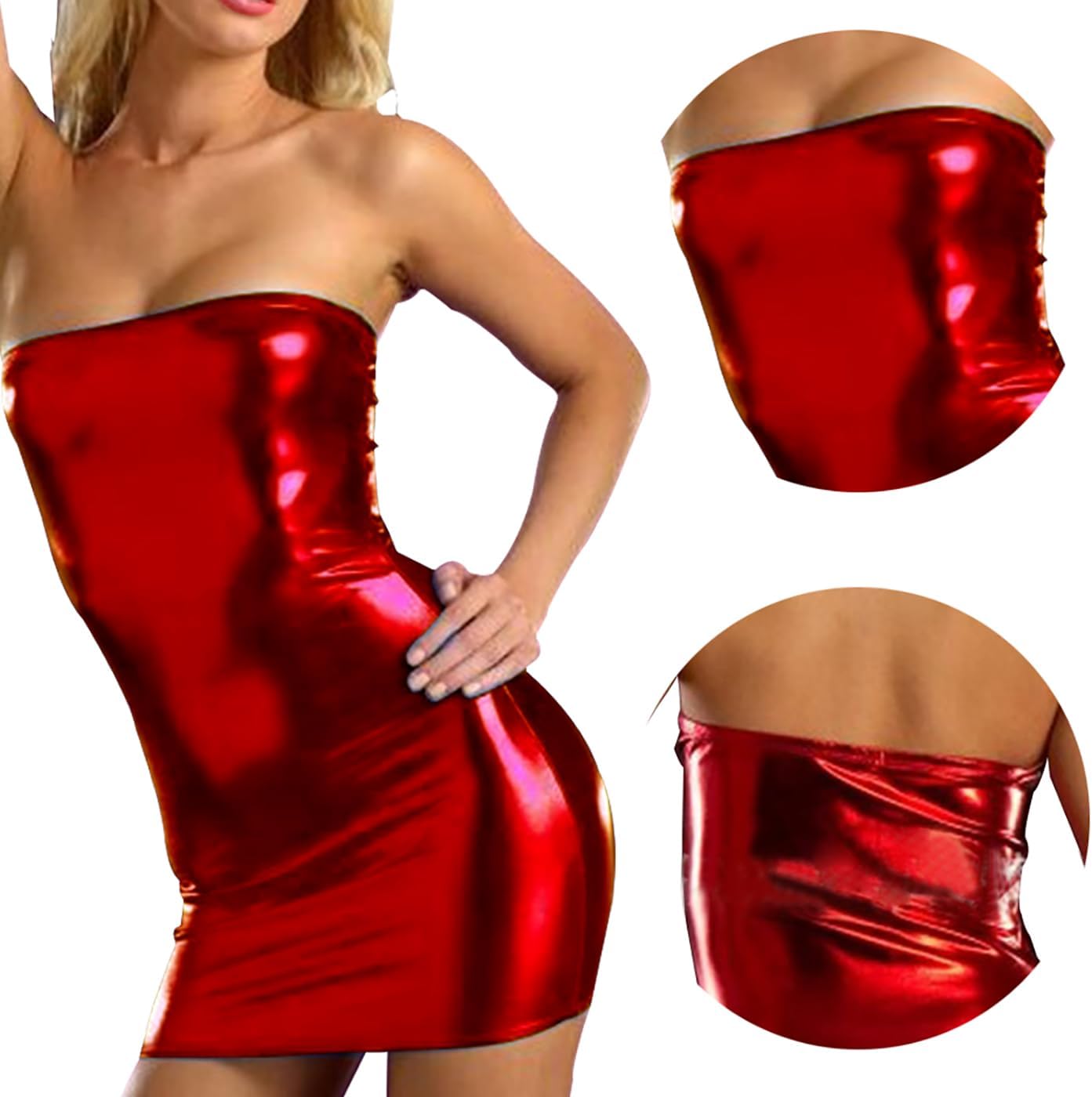 Women Leather Lingerie Dress Tube Top Outfit Sexy Wetlook Bodysuit Faux PU One Piece Babydoll Club Mini Skirt Bodycon - Image 5