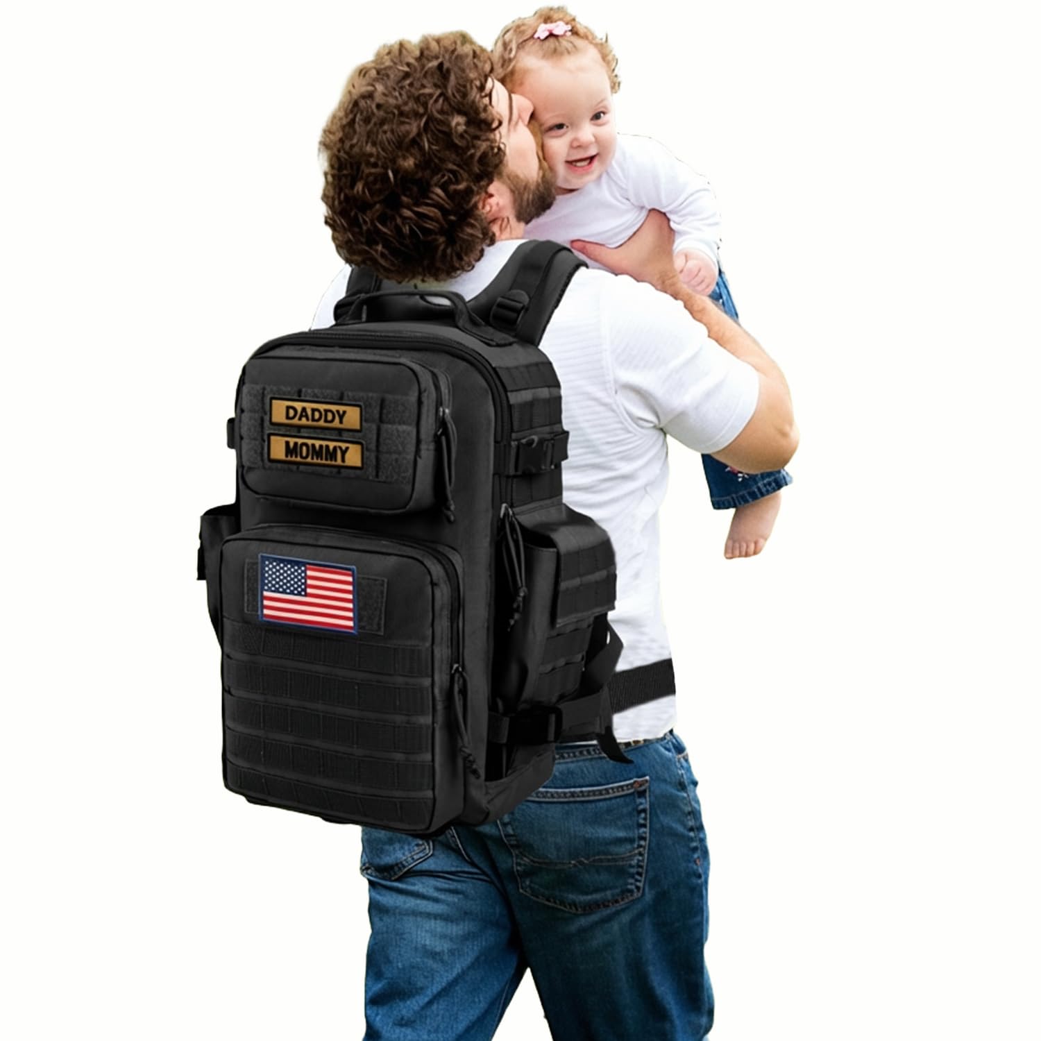 SHARKMOUTH Dad Diaper Bag for Men - Military Baby Backpack with Patches for Hiking Travel Camping Trips - Baby Shower Gifts Black