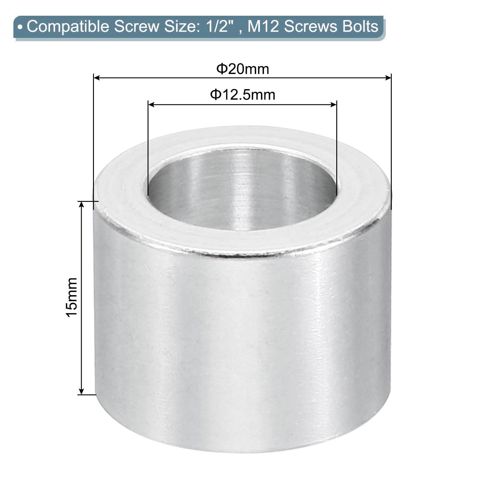 TOP-VIGOR 5Pcs M12 Aluminum Spacer, 12.5mm ID x 20mm OD x 15 mm Length Metal Spacer - Image 2