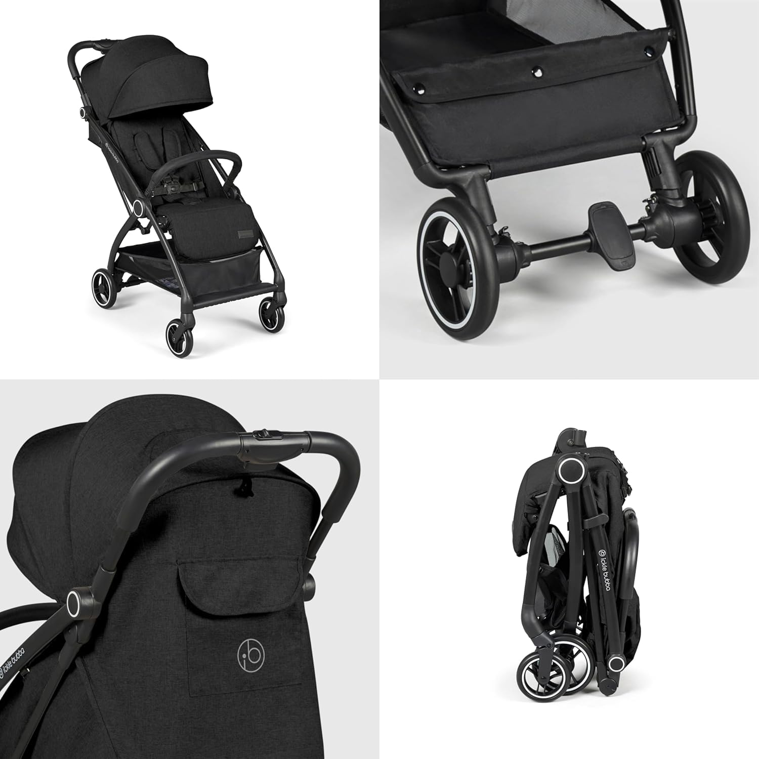 Poussette Ickle Bubba Aries Autofold - Conception ultra-légère, inclinaison multiposition et mécanisme de pliage automatique pratique, de la naissance à 22 kg (Noir)