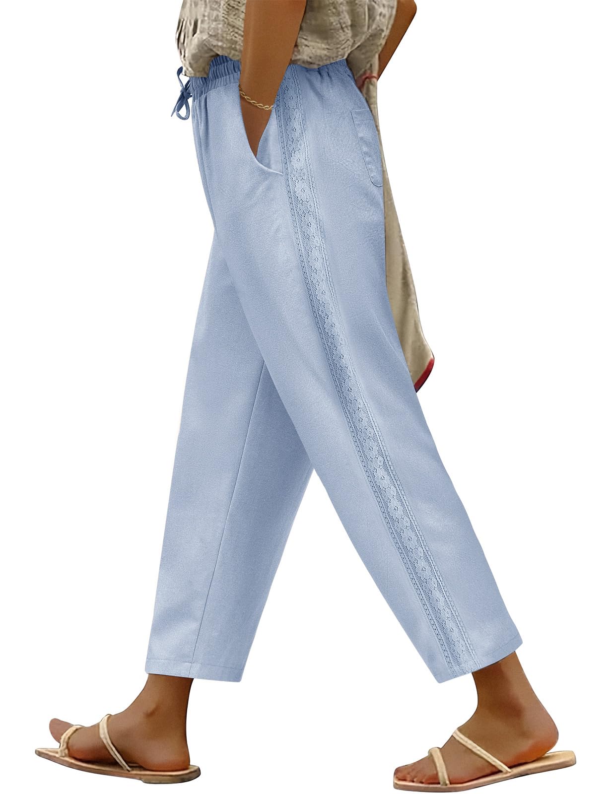 PASUDA Pantaloni Donna Estivi 7/8 Leggeri Larghi Comodi Cotone Pantalone Elastico Vita Alta Casual Elegante Pantaloni da Lavoro Gamba Dritta Spiaggia Pantalone con Tasche