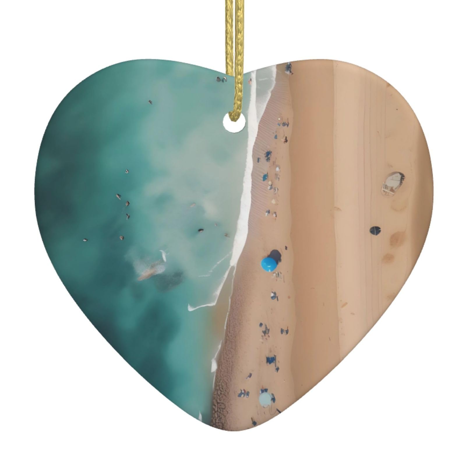 Aerial View of The Beach Ceramic Christmas Heart Pendant with Silk Thread, Christmas Tree Home Decoration