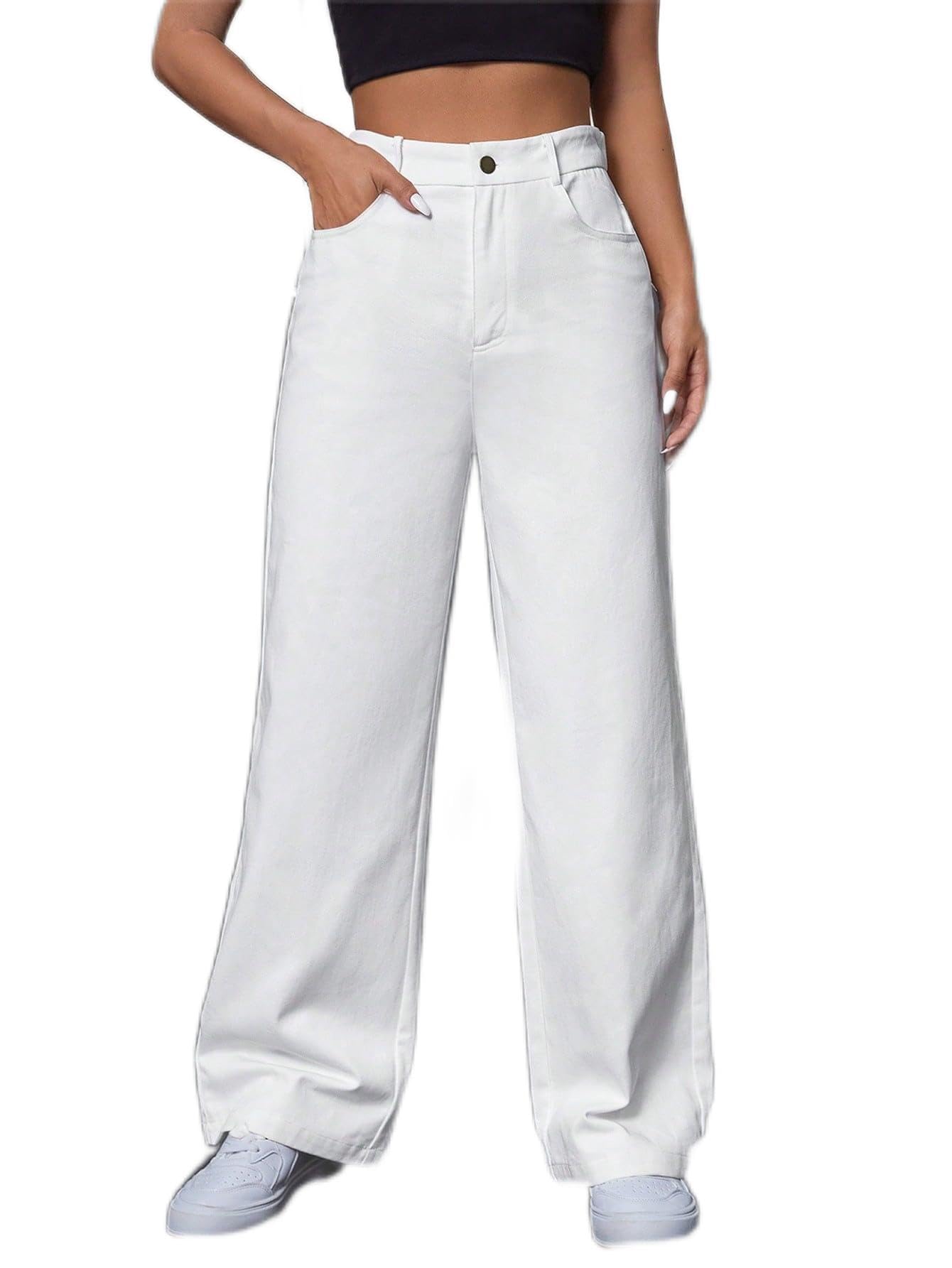 Womens Pants Solid Wide Leg Pants for Women High Waist Straight Leg Button Pocket Zipper Fly Long Casual