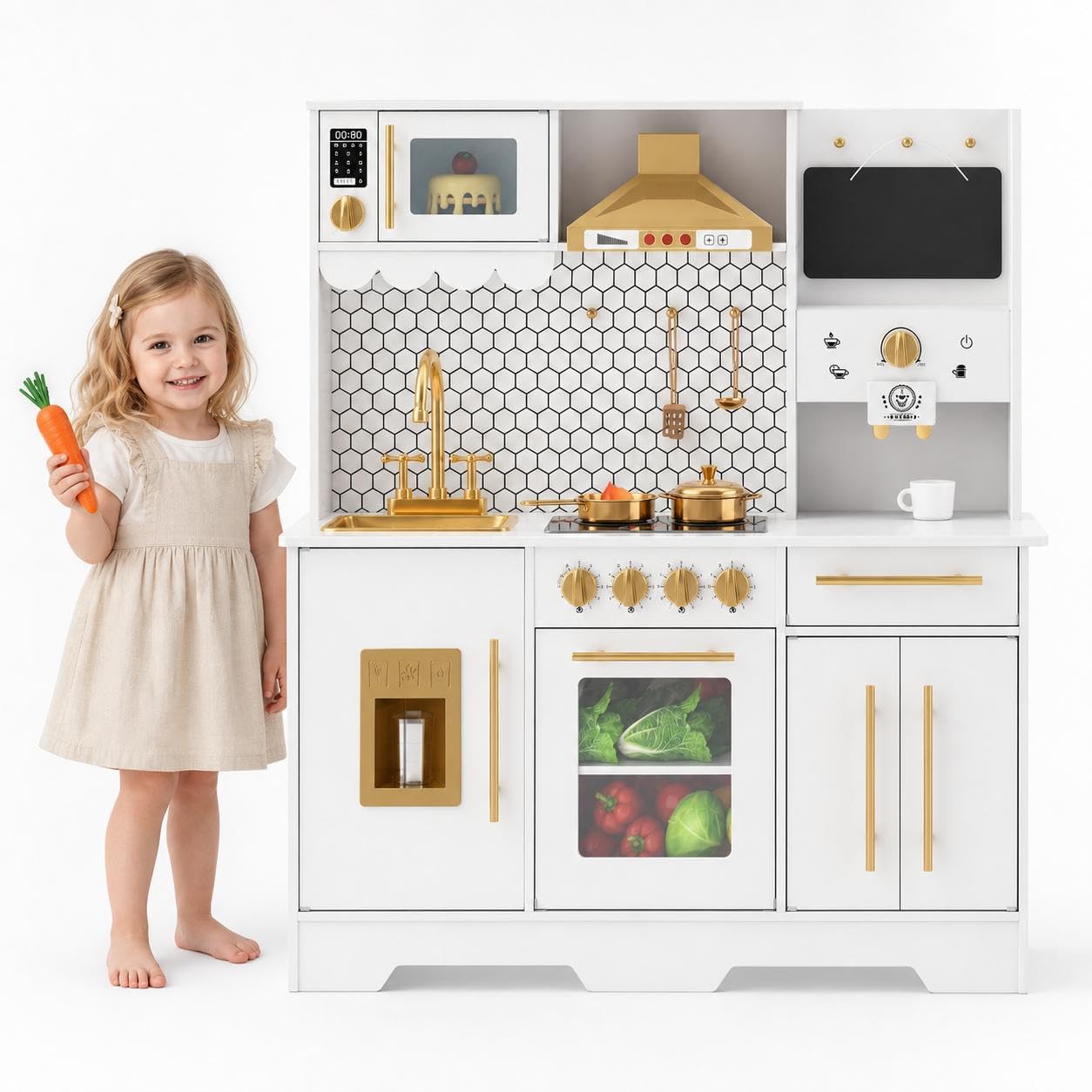 Garvee Cucina Giocattolo In Legno Per Bambini 3+ Con Accessori Dorati