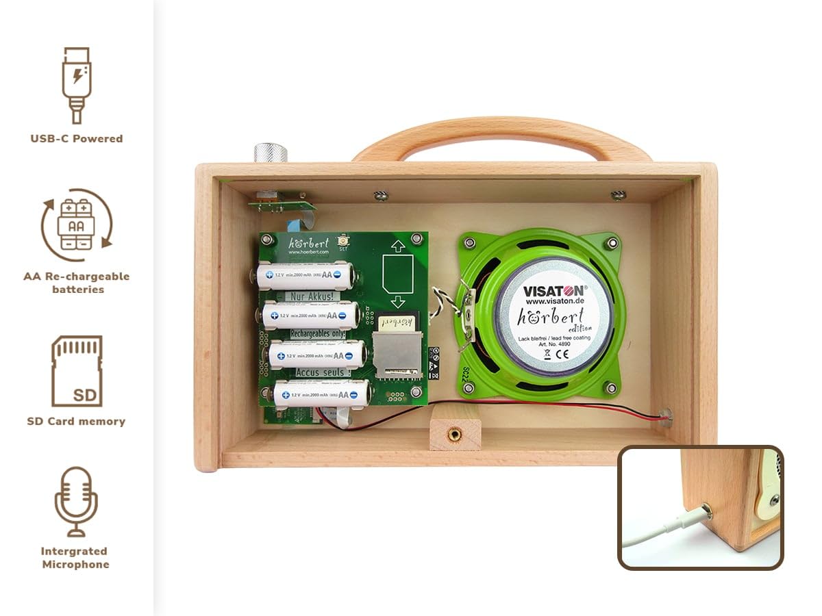 hörbert 3.0 barrierefrei - mit 3 Playlists und Akkus und Anschluss für Zwei Externe Tasten oder Umfeldsteuerungen. Mit leerer SD-Card, Einbau-Mikrofon und USB-C Ladeanschluss, aus Holz gefertigt