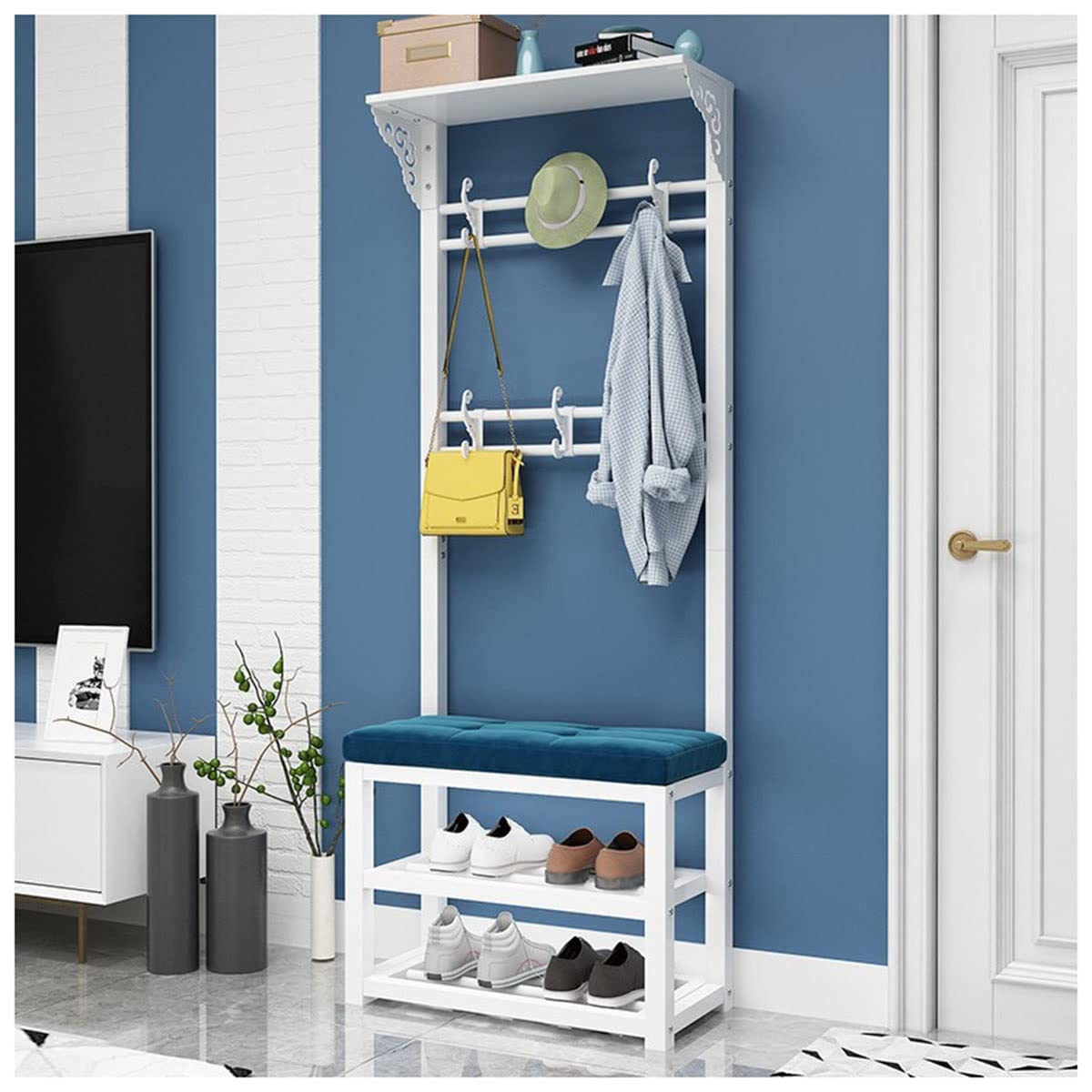 MSHGSKU Multifunctional White & Blue Coat Rack with Shoe Bench 100cm Freestanding Entryway nizer with Hooks and Storage for Shoes and Coats