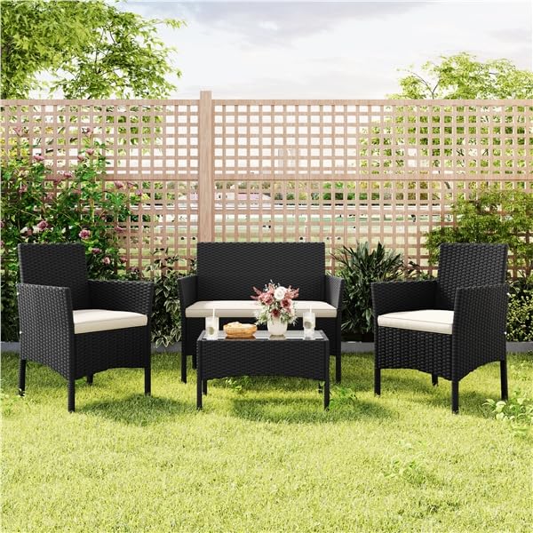 Yaheetech Set da Giardino in Rattan, 4 Posti, con divano a 2 posti, 2 sedie, tavolo e cuscini per seduta resistente alle intemperie, Salotto da Siardino Esterno, per Terrazza Balcone Patio