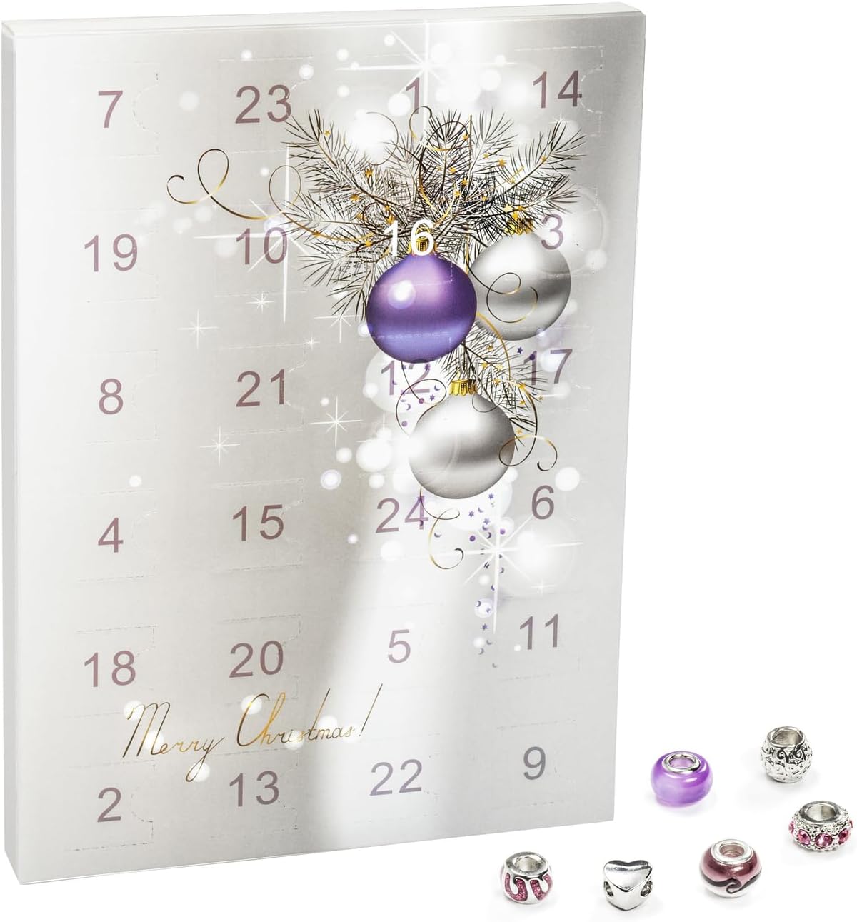 Valiosa Fashion Jewellery Merry Christmas Advent Calendar Necklace Bracelet + 22 Individual Glass and Metal Bead Pendants Special Gift for Girls and Women. purple