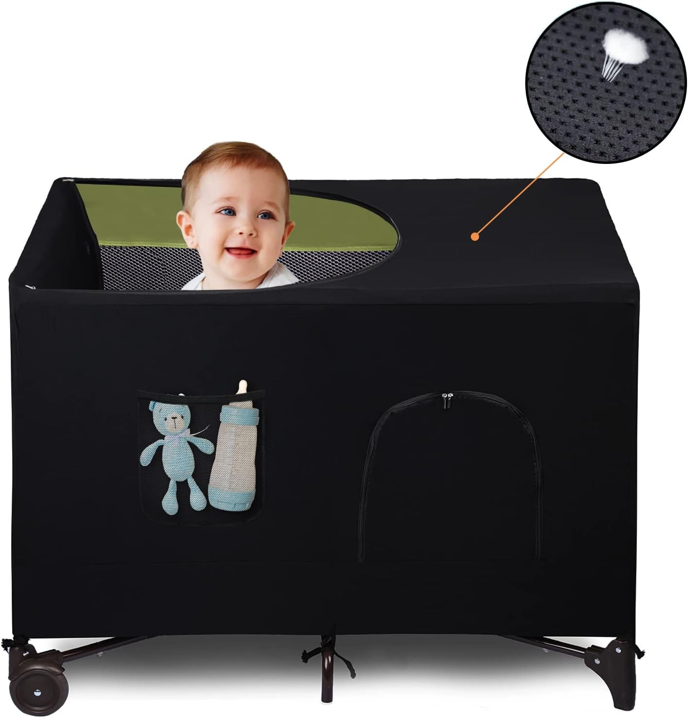 Crib Blackout Cover for Pack N Play - Travel Crib Cover, Breathable Baby Netting Cover/Tent for Indoor or Outdoor Portable Stretchy Blackout Tent, Net Curtains Black With Pocket