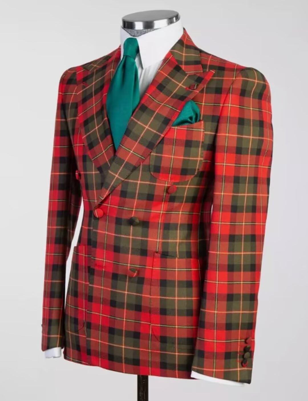 Men's Plaid Tuxedo Suit Double Breasted 2-Piece Checked Jacket and Pants for Prom Wedding