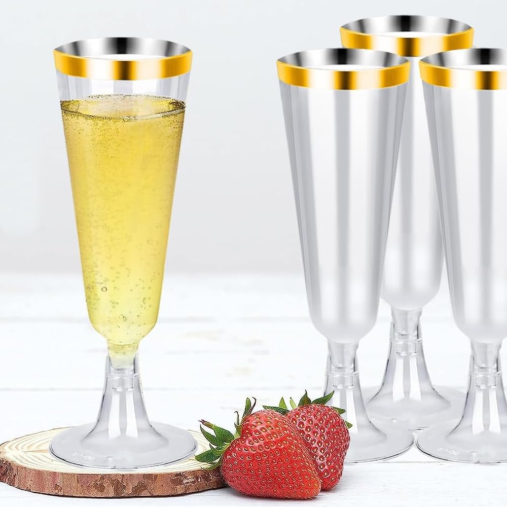 YZDZSW 25 Pcs Plastic Champagne Flutes, Disposable Prosecco Glasses, Plastic Flute Glasses for Mimosa Martini Margarita (Gold line) - Image 3