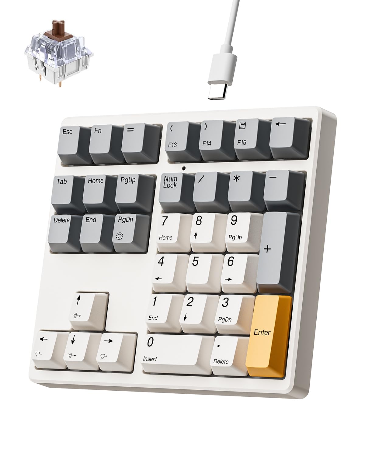 FJÄDRAR Mechanical Number Pad, 34 Key Hot Swappable Numpad Brown Switches, USB Wired Numeric Keypad with PBT Keycaps White Backlit Number Pad for