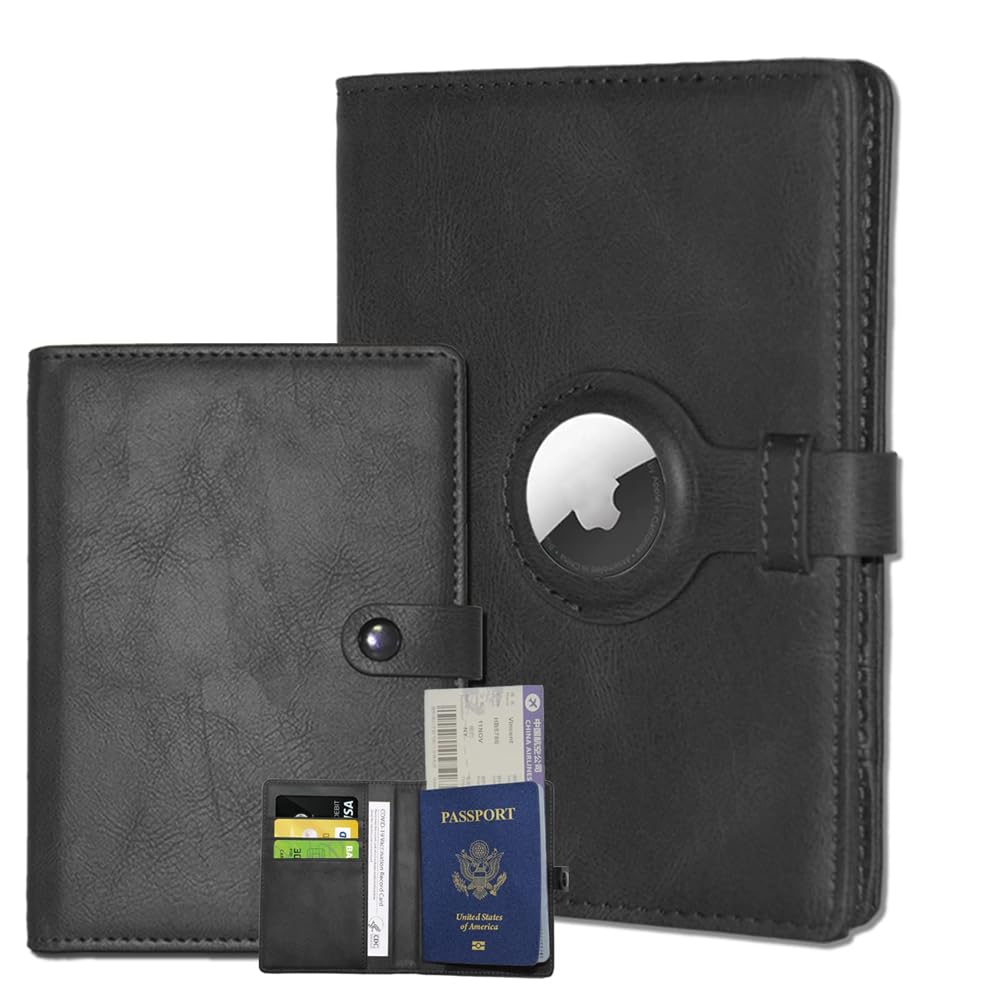 AirTag Passport Holder and Vaccine Card Holder Combo, RFID Blocking Travel Passport Wallet with Vaccine Card Protector Slot and Airtag Protective Case, PU Leather Travel Passport Case for Women/Men