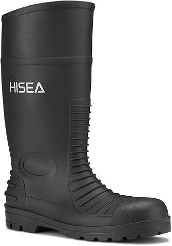Miniatura 8 de HISEA Botas de lluvia con punta de acero para hombre, botas de goma de PVC, botas de trabajo impermeables para pesca en jardín, botas de trabajo al