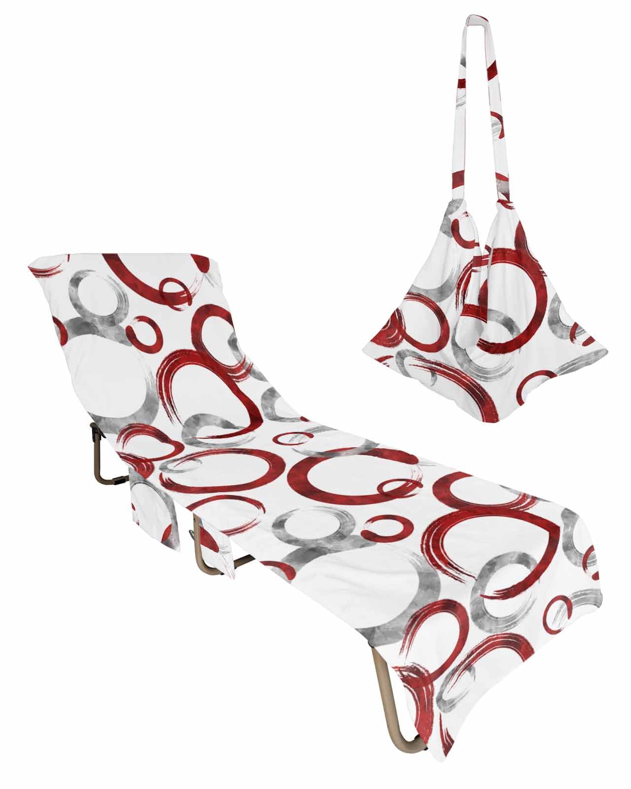 Red Gray Geometric Beach Lounge Chair Towel Cover, Soft Chaise Lounge Towel with Side Pockets Patio Pool Chairs Cover for Beach/Pool Sunbathing 29x85 Modern Oil Painted Abstract Art