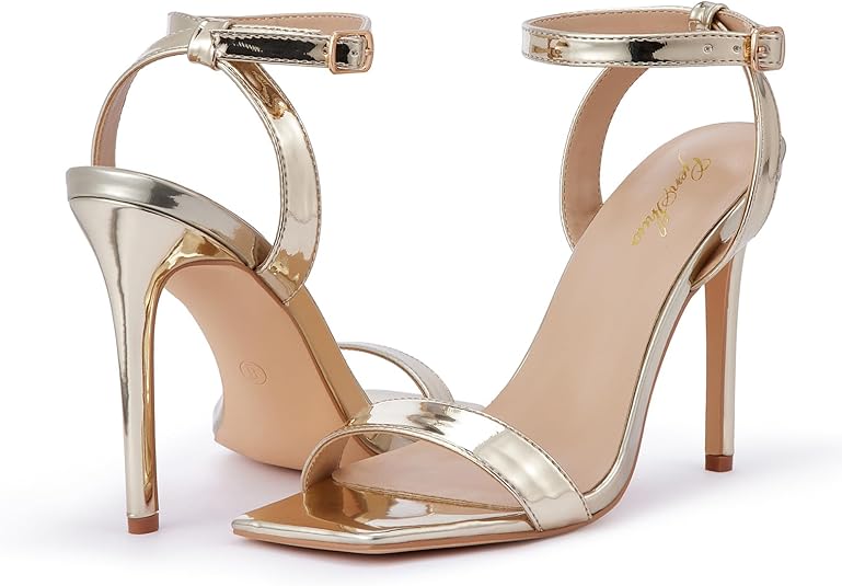 GENSHUO Dames Stiletto Hakken Sandalen met open vierkante teen en enkelriem Riemsandalen voor feest, bal, thuiskomst, feestelijke schoenen, EU36-42, goud, 38.5 EU