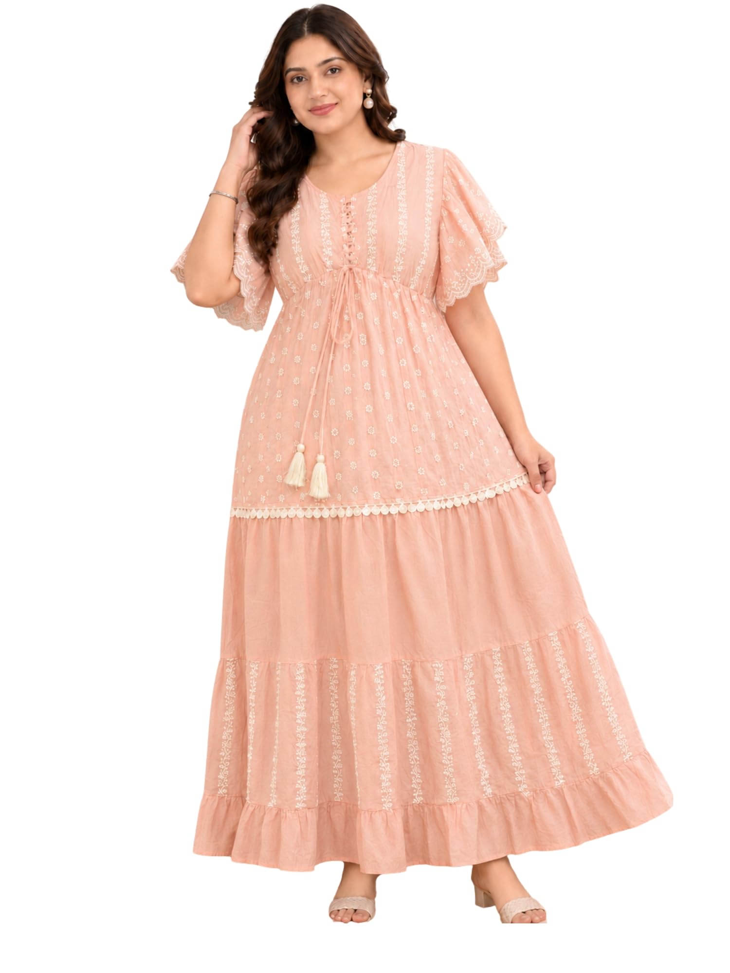 Women's Chikankari Embroidered Maxi Dress with Flutter Sleeves & Tassel Accents-picture-53