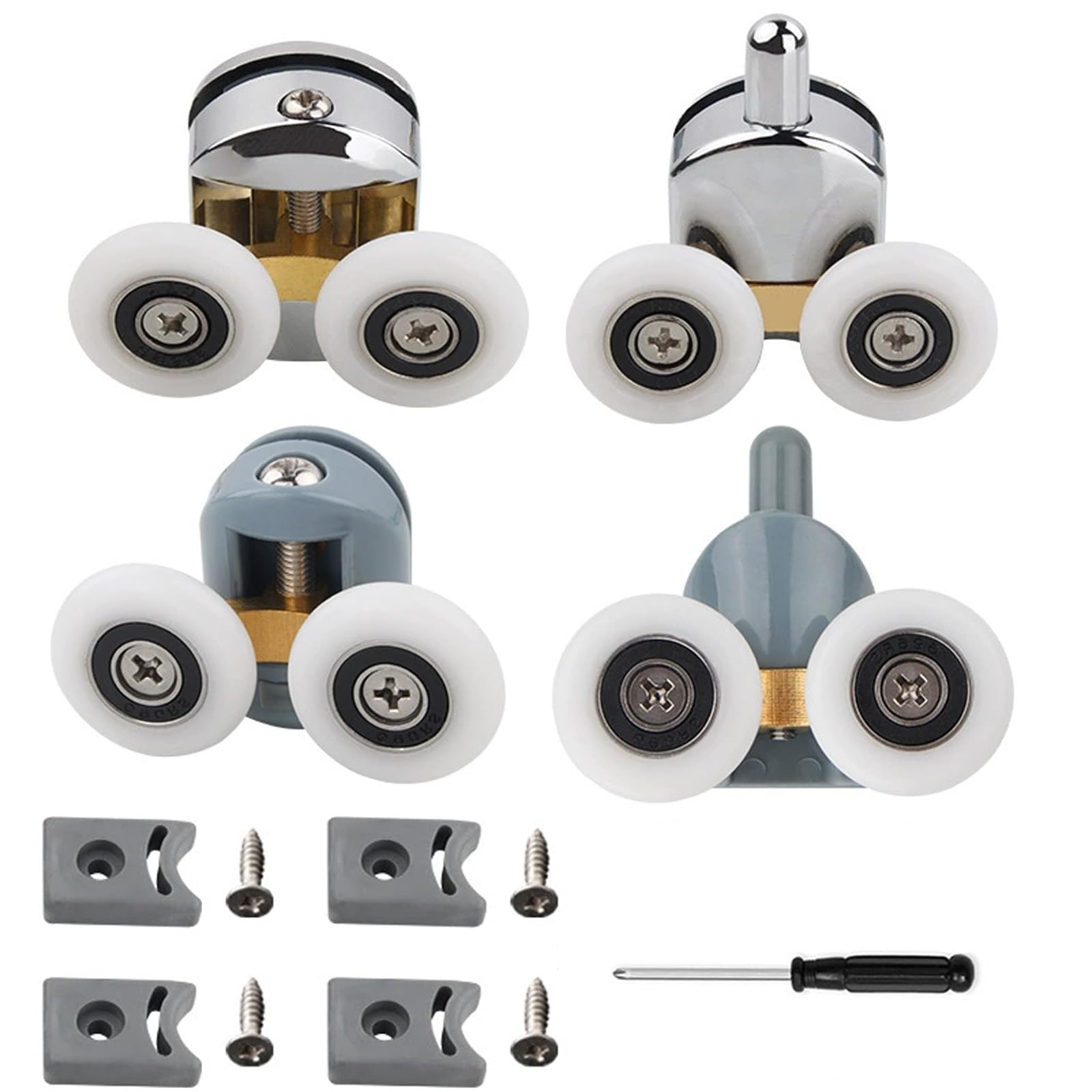 4Pcs Curved Shower Door Rollers,23mm Shower Door Rollers Replacement, Sliding Glass Door Wheels for Curved Shower Enclosures, Bathroom Roller Runners, Fits 4-6mm Glass, Anti-Collision Block