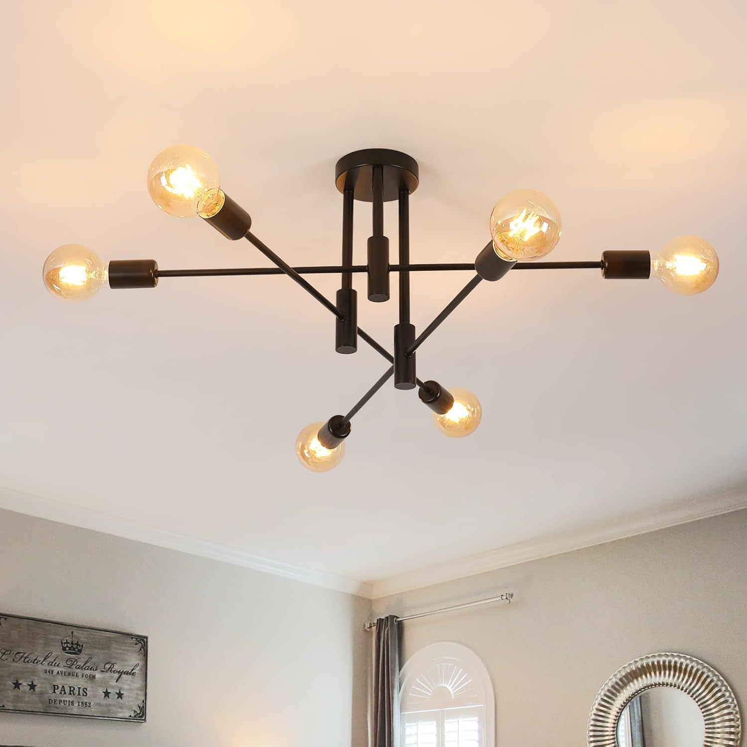 Comely Lamparas de Techo Industrial Vintage, 6 Luces Lámpara de Techo Salon, E27 Retro Plafon de Techo de Ángulo Ajustable 180° para Dormitorio, Cocina, Pasillo, Diámetro 72 cm, Negro