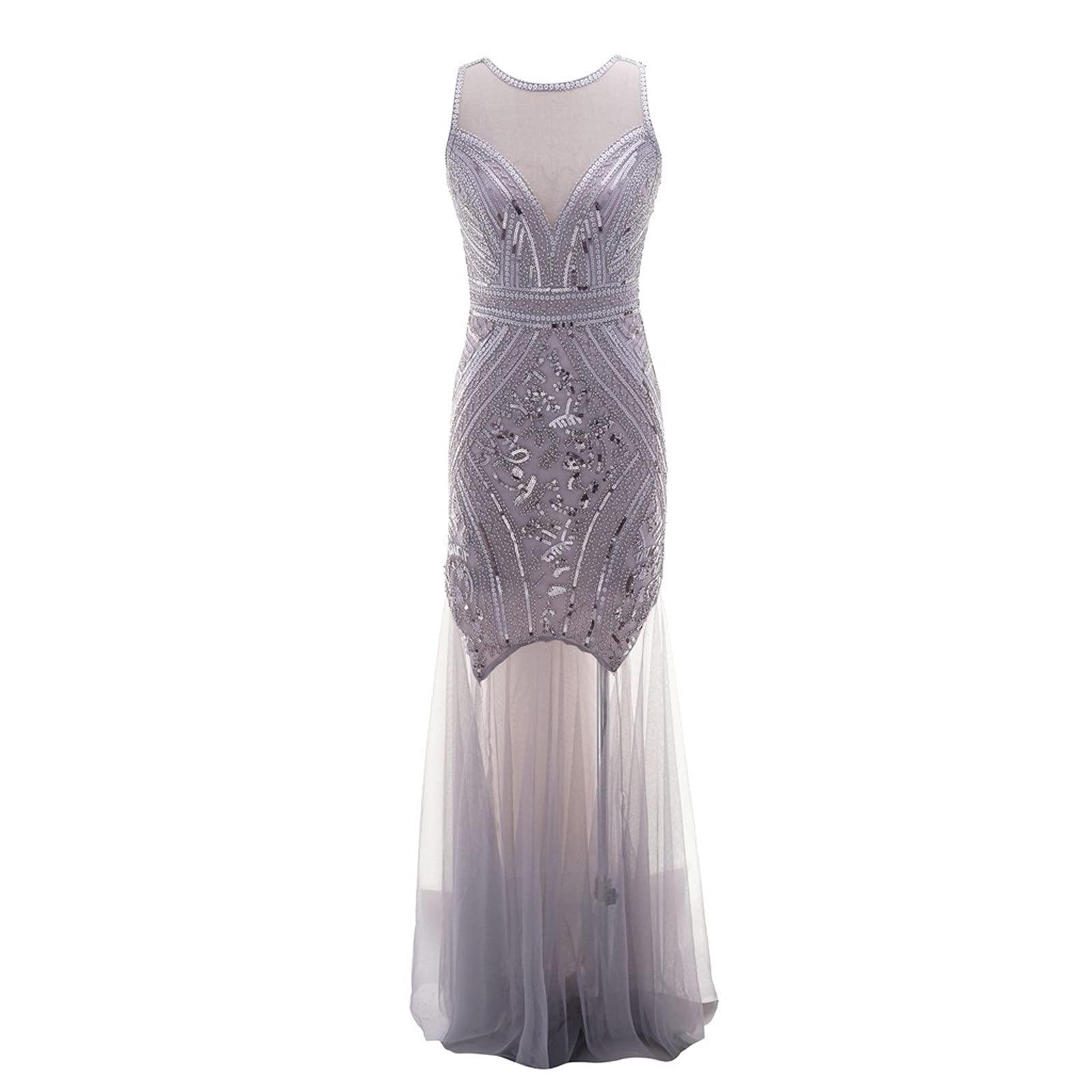 Abito da ballo, da donna, lungo, da principessa, da festa, elegante, con scollo rotondo, senza maniche, a vita alta, slim fit, maxi abito da donna elegante in chiffon per feste, con paillette,