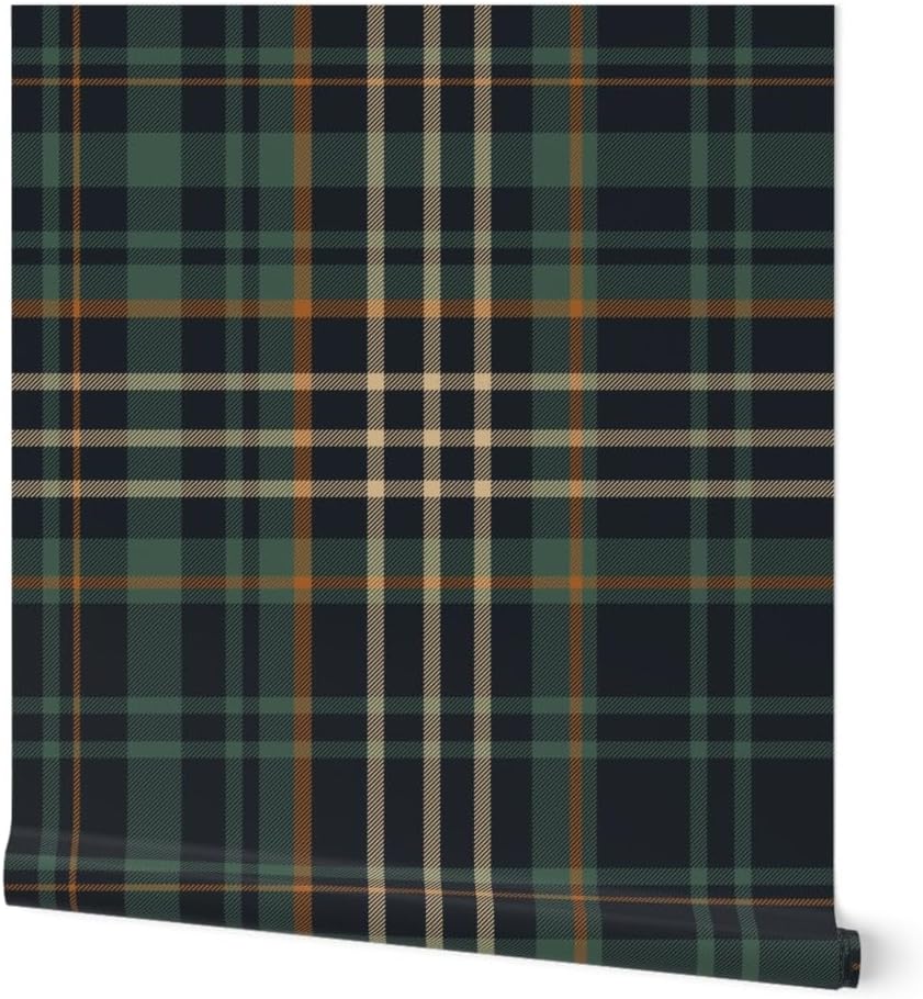 Peel & Stick Wallpaper 3ft x 2ft - Dark Green Check Rustic Cabin Autumn Plaid Cozy Fall Forest Teal Blue Custom Removable Wallpaper by Spoonflower