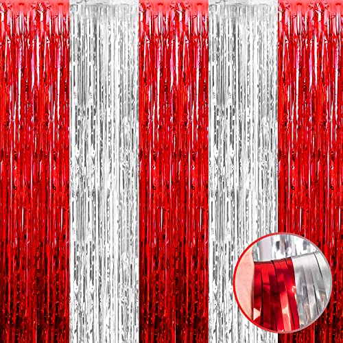 Image of 4 Pack Silver Red Foil Fringe Curtain Backdrop, 3.28Ft x 8.2Ft Metallic Tinsel Foil Fringe Streamers Curtains for Photo Booth, Wedding, Circus Welcome Carnival Birthday Party Decoration
