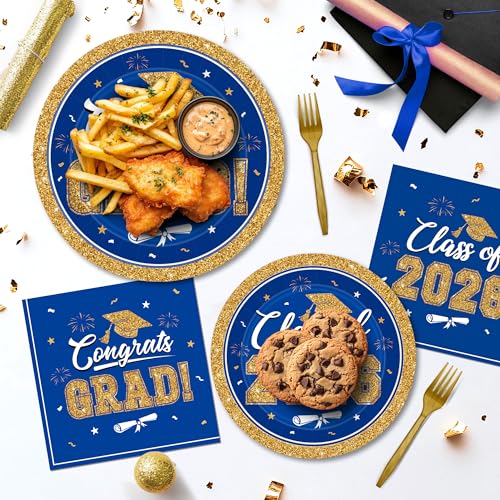 Image of QZYL Graduation Party Supplies Set for 50 Guests, Blue and Gold Graduation Plates and Napkins 2026, 200Pcs Disposable Grad Plates, Napkins, Dessert Plates and Forks for 2026 Grad Ceremony
