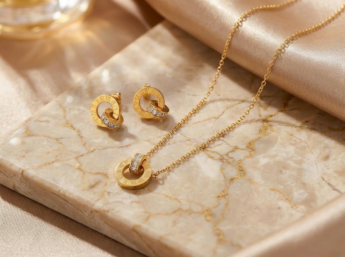 Gold Tone Jewelry Set with Roman Numeral, Dainty Design 18 Inch Chain Necklace and Earrings with Crystals - 18K Stainless Steel Gold-Plated Chain Trendy Gifts for Women (Earrings & Necklace Set) - Image 6